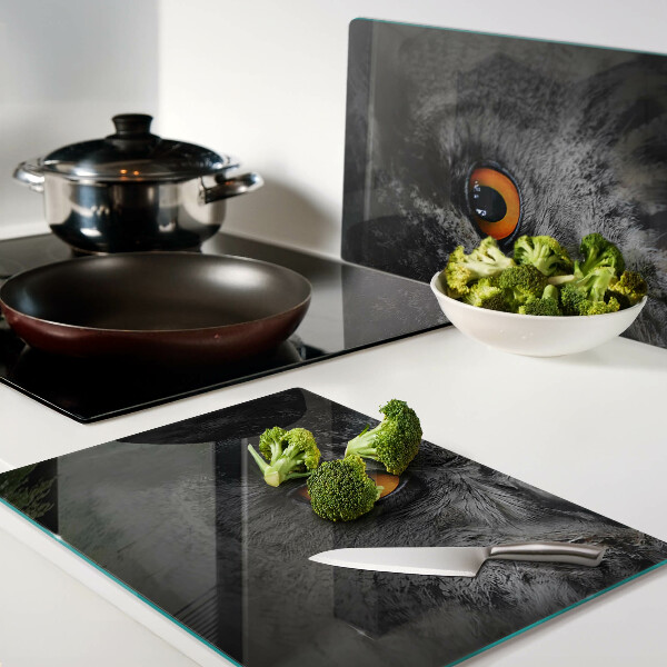 Glas-Schneidebrett mit Eulenmotiv und orangefarbenen Augen