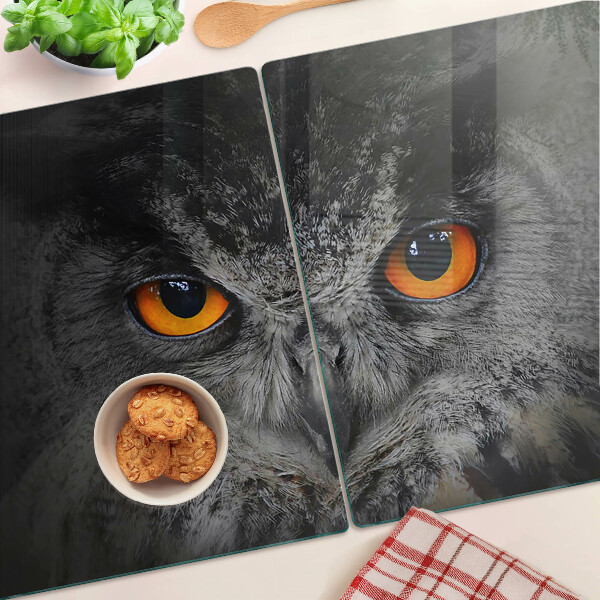 Glas-Schneidebrett mit Eulenmotiv und orangefarbenen Augen