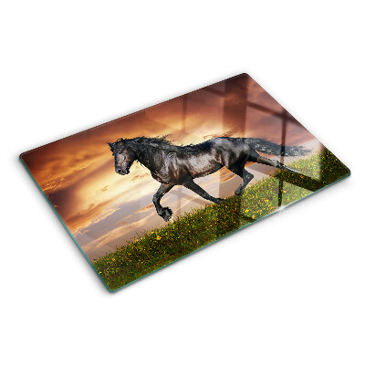 Schneidebrett Ein Pferd vor dem Hintergrund der untergehenden Sonne