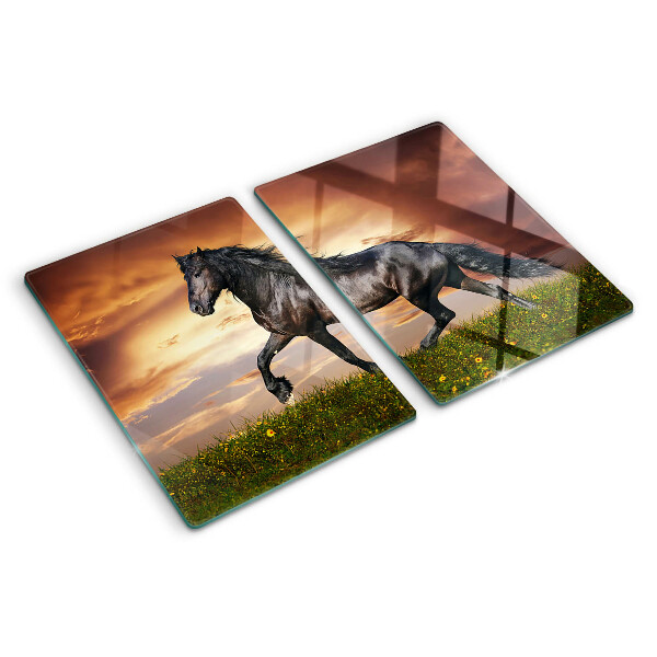 Schneidebrett Ein Pferd vor dem Hintergrund der untergehenden Sonne