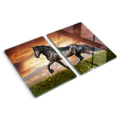 Schneidebrett Ein Pferd vor dem Hintergrund der untergehenden Sonne