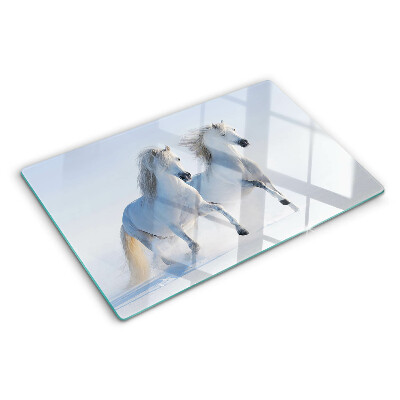 Schneidebrett Glas mit Motiv von zwei weißen Pferden im wilden Galopp