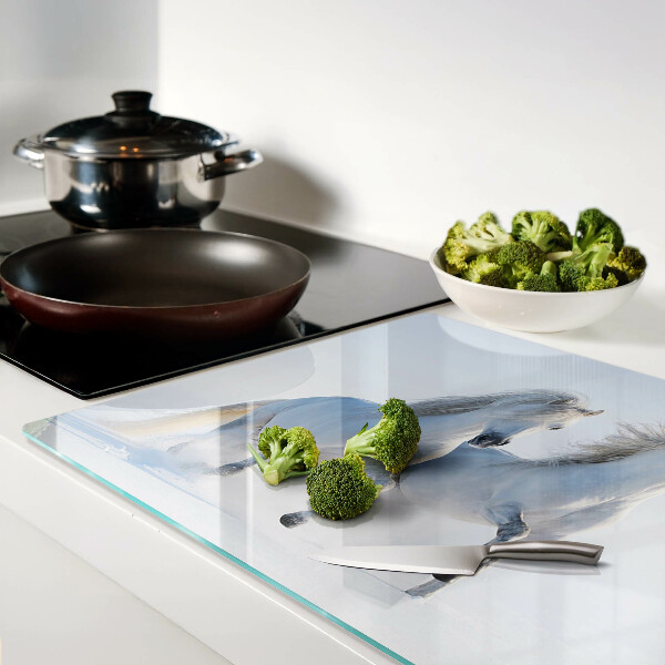 Schneidebrett Glas mit Motiv von zwei weißen Pferden im wilden Galopp