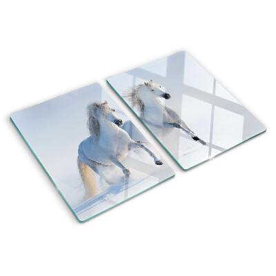 Schneidebrett Glas mit Motiv von zwei weißen Pferden im wilden Galopp