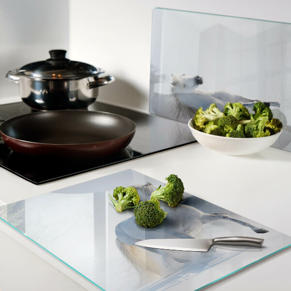 Schneidebrett Glas mit Motiv von zwei weißen Pferden im wilden Galopp