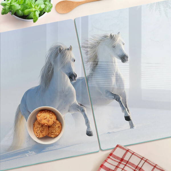 Schneidebrett Glas mit Motiv von zwei weißen Pferden im wilden Galopp