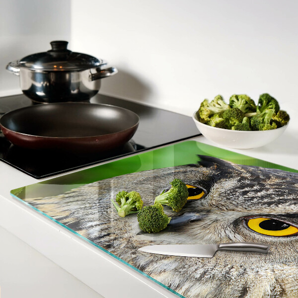 Schneidebrett Glas mit Motiv einer Eule mit ausdrucksstarken Augen