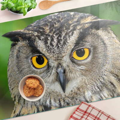 Schneidebrett Glas mit Motiv einer Eule mit ausdrucksstarken Augen