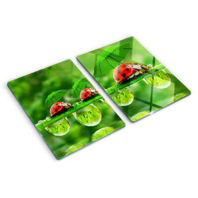 Schneidebrett glas Marienkäfer auf Blättern mit Wassertropfen
