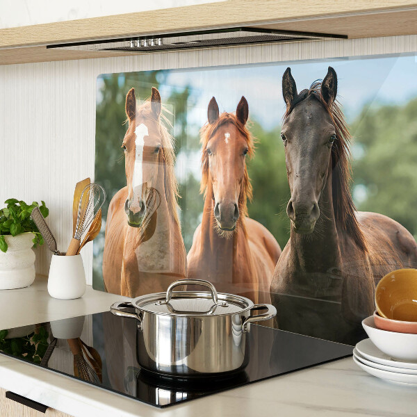 Glas-Schneidebrett mit Pferdemotiv vor Naturlandschaft