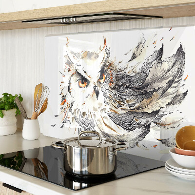 Schneidebrett Glas mit Eulenmotiv und Federn