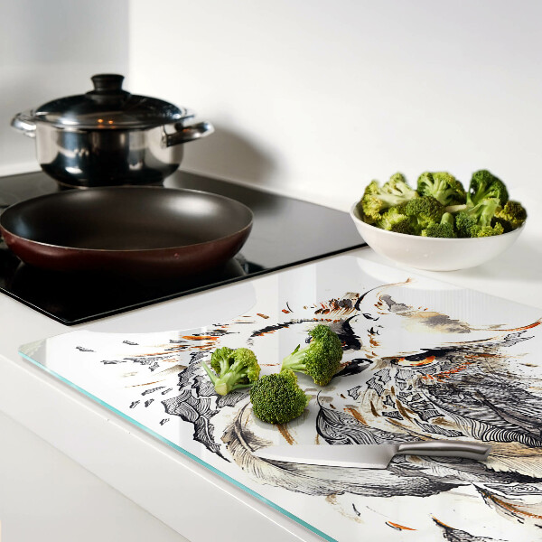 Schneidebrett Glas mit Eulenmotiv und Federn