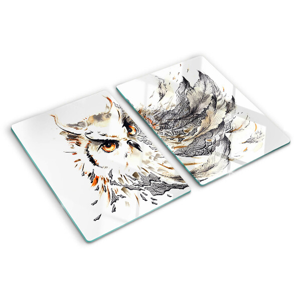 Schneidebrett Glas mit Eulenmotiv und Federn