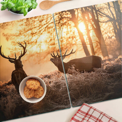 Schneidebrett Hirsche im Wald bei Sonnenuntergang