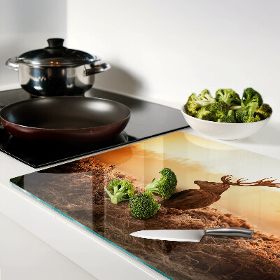 Schneidebrett Glas mit Motiv von Hirschen vor dem Sonnenuntergang