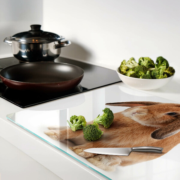 Glas-Schneidebrett mit Motiv eines Kaninchens vor weißem Hintergrund