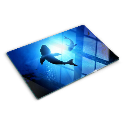 Schneidebrett Glas mit Motiv „Haie im Unterwasserlicht“