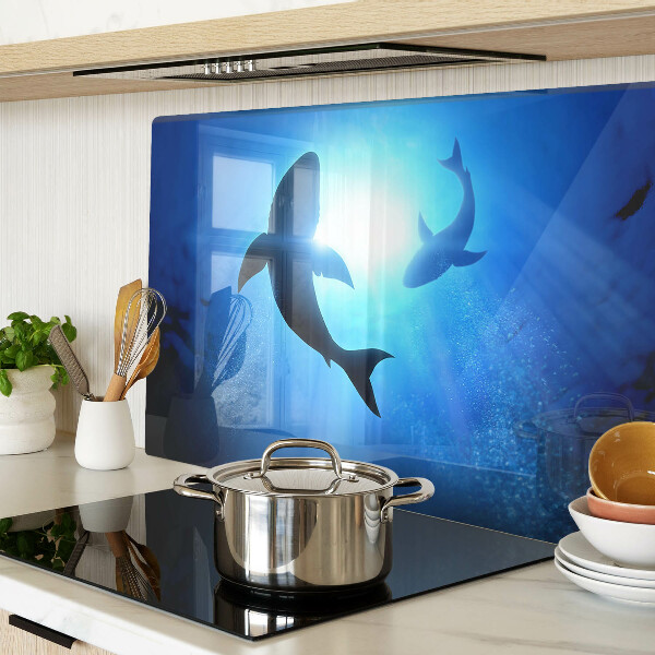 Schneidebrett Glas mit Motiv „Haie im Unterwasserlicht“