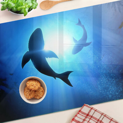 Schneidebrett Glas mit Motiv „Haie im Unterwasserlicht“