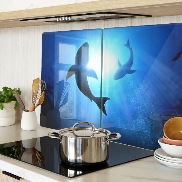 Schneidebrett Glas mit Motiv „Haie im Unterwasserlicht“