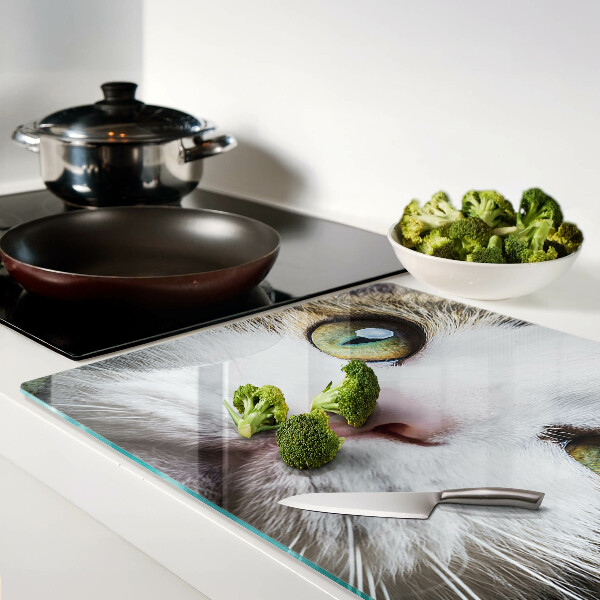 Glas-Schneidebrett mit Motiv einer Katze mit grünen Augen