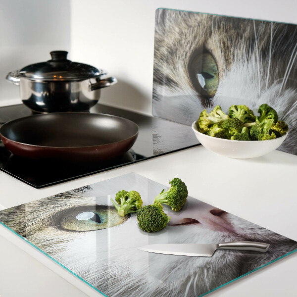 Glas-Schneidebrett mit Motiv einer Katze mit grünen Augen