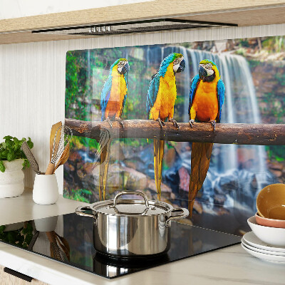 Schneidebrett Glas mit Motiv Papageien auf einem Ast in einem tropischen Wald