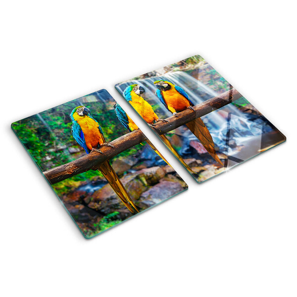 Schneidebrett Glas mit Motiv Papageien auf einem Ast in einem tropischen Wald