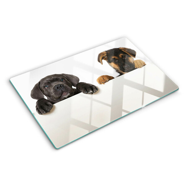 Schneidebrett mit Motiv zweier Hunde, die sich umschauen