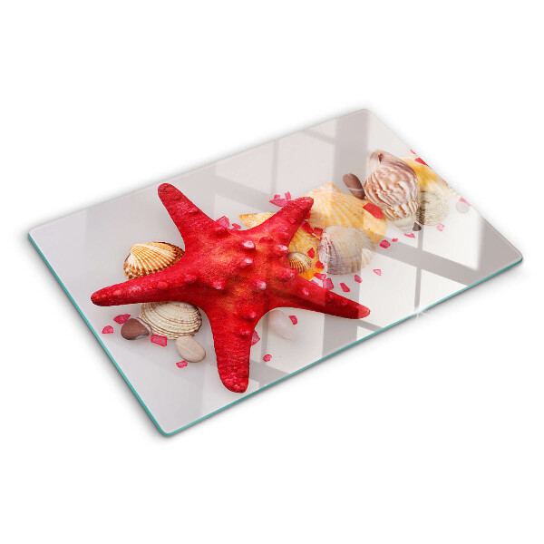 Schneidebrett Glas mit Muschel- und Seesternmotiv