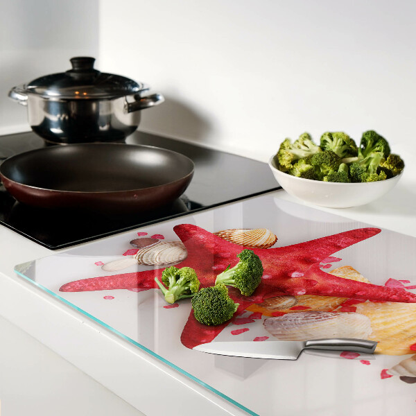 Schneidebrett glas Muscheln und Seesterne