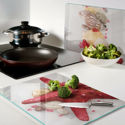 Schneidebrett glas Muscheln und Seesterne