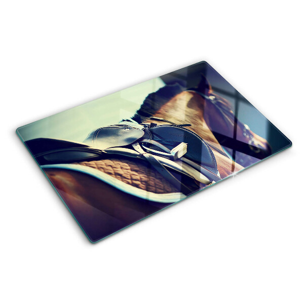 Glas-Schneidebrett mit Pferde- und Reitzubehör-Motiv