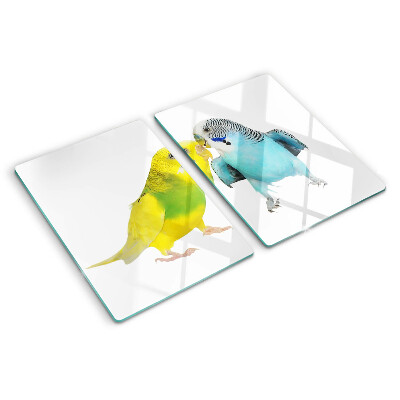 Schneidebrett Glas mit gelbem und blauem Papageienmotiv