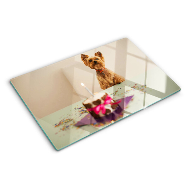 Schneidebrett Glas mit einem Motiv eines Hundes am Tisch und Kuchen