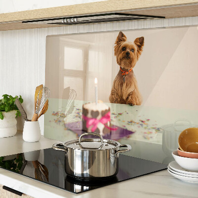 Schneidebrett Glas mit einem Motiv eines Hundes am Tisch und Kuchen