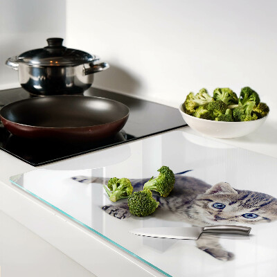 Schneidebrett Glas mit Kätzchenmotiv und blau leuchtenden Augen