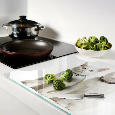 Glas-Schneidebrett mit weißem Katzenmotiv und unterschiedlich gefärbten Augen