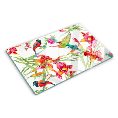 Schneidebrett Glas mit Blumen- und exotischem Vogelmotiv