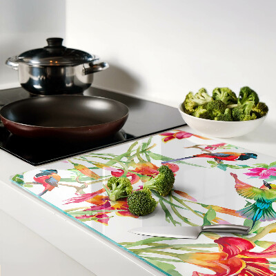 Schneidebrett glas Blumen und exotische Vögel