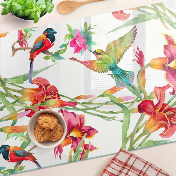 Schneidebrett glas Blumen und exotische Vögel