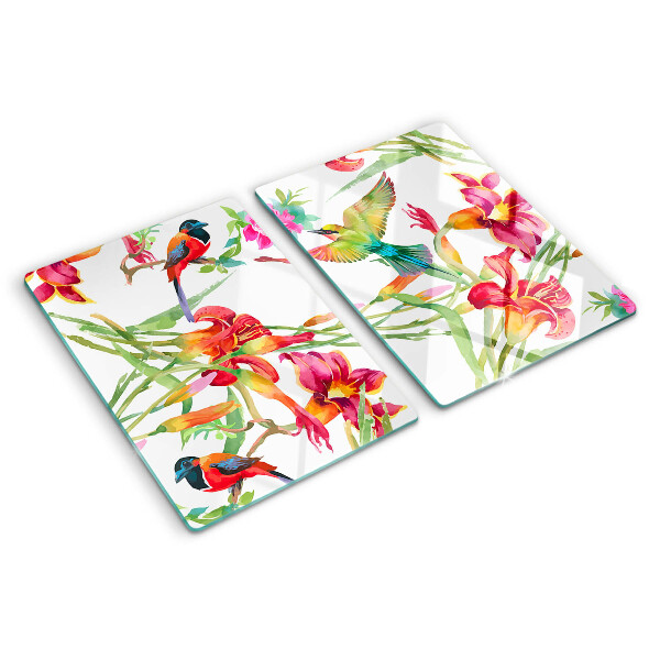 Schneidebrett glas Blumen und exotische Vögel