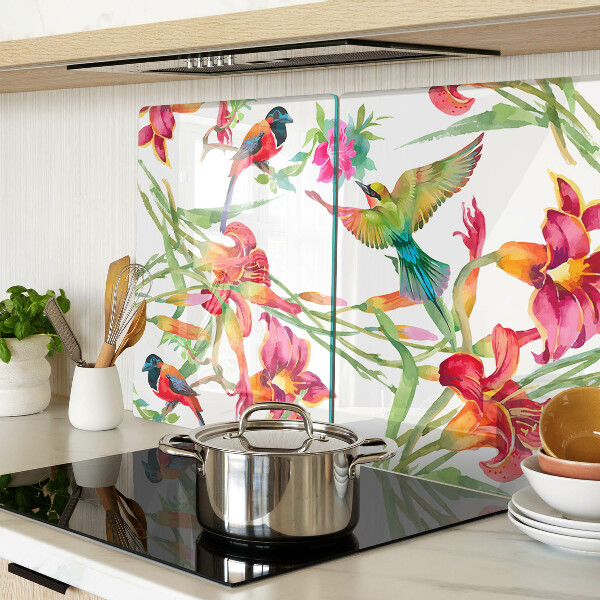 Schneidebrett Glas mit Blumen- und exotischem Vogelmotiv