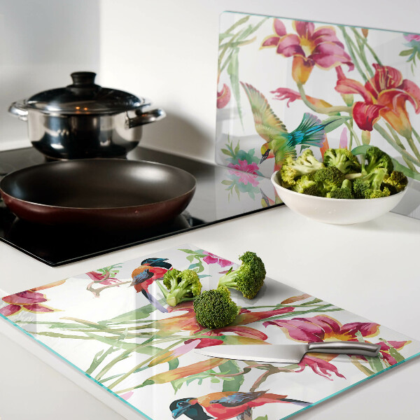 Schneidebrett Glas mit Blumen- und exotischem Vogelmotiv