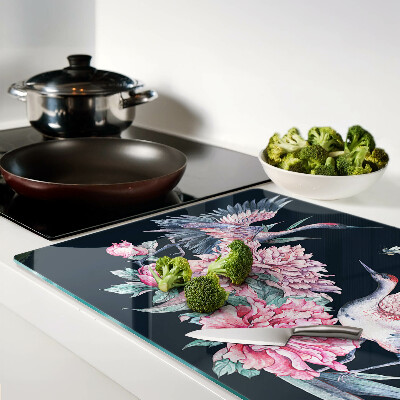 Schneidebrett Glas mit Blumen- und Vogelmotiv