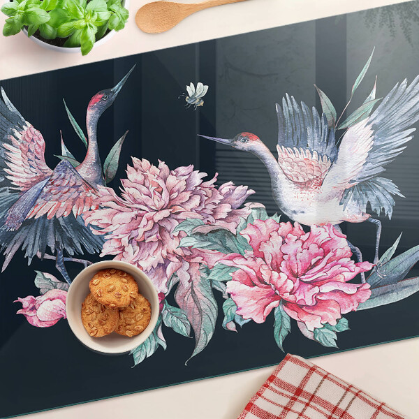 Schneidebrett Glas mit Blumen- und Vogelmotiv