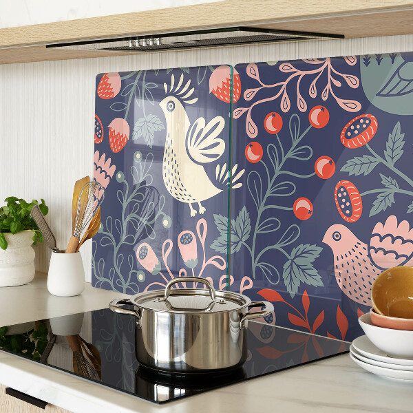 Schneidebrett Glas mit Vögeln und Früchten im volkstümlichen Stil