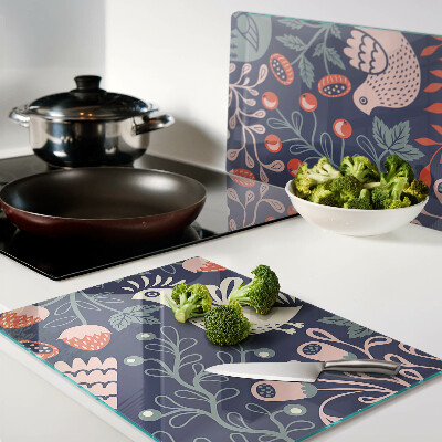 Schneidebrett Glas mit Vögeln und Früchten im volkstümlichen Stil