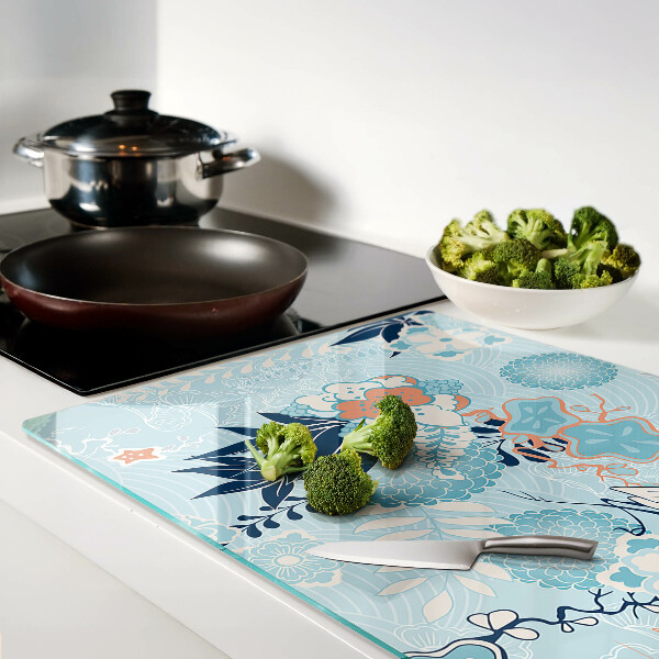 Glas-Schneidebrett mit Blumen- und Vogelmotiv im orientalischen Stil