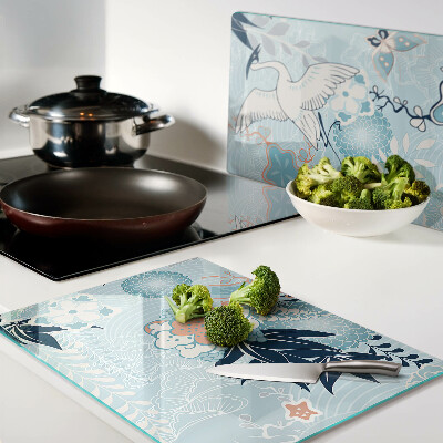 Glas-Schneidebrett mit Blumen- und Vogelmotiv im orientalischen Stil